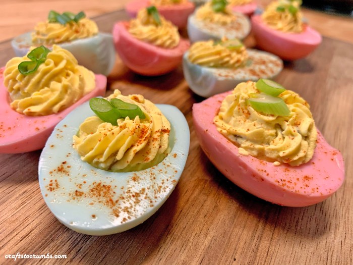 Dyed deviled eggs with food coloring