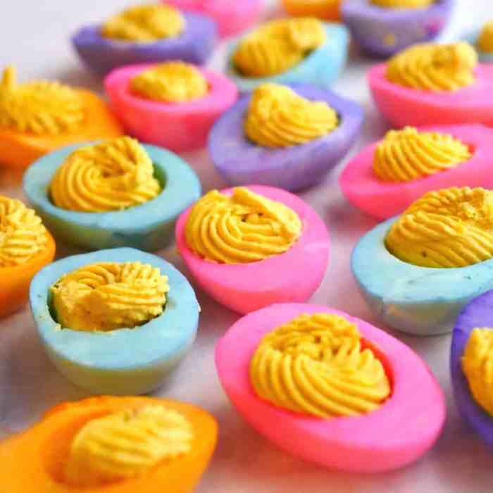 Colored deviled eggs with gel food coloring