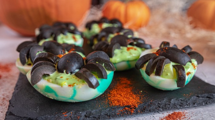 Dyed deviled eggs with food coloring