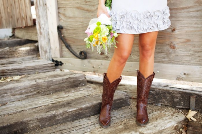 Short wedding dress and cowboy boots